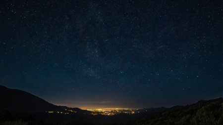 Milky way over the mountains at night. Panoramic viewの写真素材