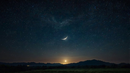 Moon and stars in the night sky. Landscape with moon and stars.の写真素材