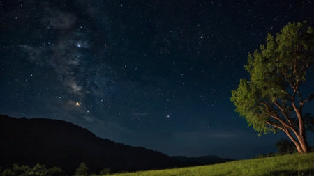 Night sky with stars and milky way over a green meadow
