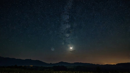 Milky Way over the mountains at night with stars and moon.