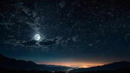 Night landscape with full moon and stars.の写真素材