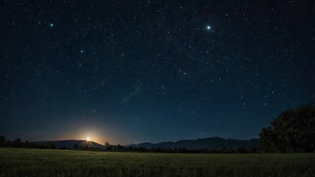 Night sky with stars and milky way over a field.の写真素材