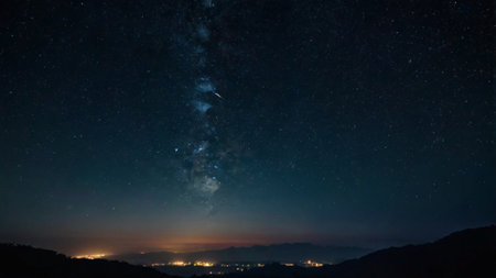 Milky way over the mountains and the city. Night sky with stars