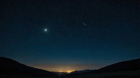 Night starry sky with stars and moon over the mountain range.