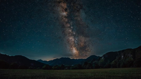 Milky way over meadow and mountain range in the night.