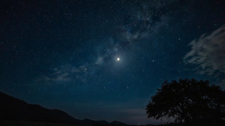 Night sky with stars and a milky way. Long exposure photograph.
