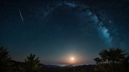 Milky way over the mountain at night with stars and moon.の写真素材