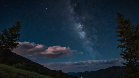 Milky way in the mountains. Starry night sky with stars and milky way.の写真素材