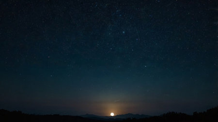 Milky way and stars in the night sky with silhouette of mountainの写真素材