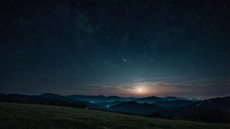 Mountain landscape at night with stars and moon. Panoramic view