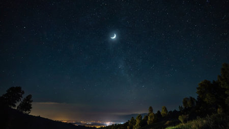 Night sky with stars and the moon. Long exposure photograph of nature.