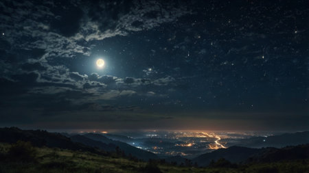 Night sky with moon and stars. Panoramic view from the hill.