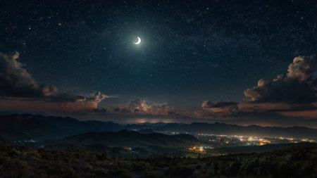 Night sky with stars and moon. Panoramic view of the mountains.の写真素材