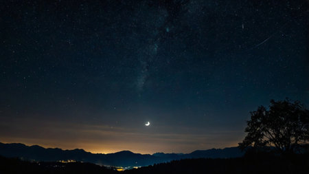 Night sky with stars and milky way over a mountain range.