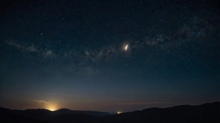 Night sky with stars and moon. Beautiful view of the night sky with stars.の写真素材