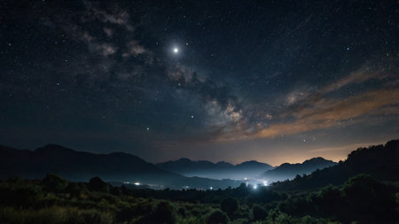 Night sky with stars and milky way over the mountains. Long exposureの写真素材