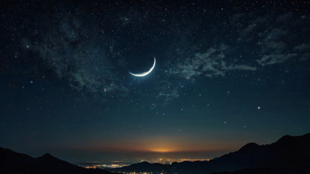 Night sky with stars and moon over the mountains.の写真素材