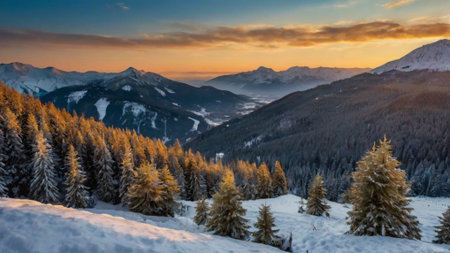 Majestic sunset in the winter mountains landscape. Dramatic wintry scene. Carpathian, Ukraine, Europe. Beauty world.の写真素材