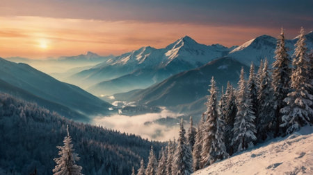 Beautiful winter sunrise in the mountains. Panoramic view.の写真素材