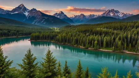 Mountain lake in the Canadian Rockies at sunset, Alberta, Canada