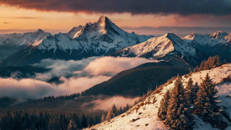 Beautiful winter landscape with snow covered mountains. Sunrise in the mountains.