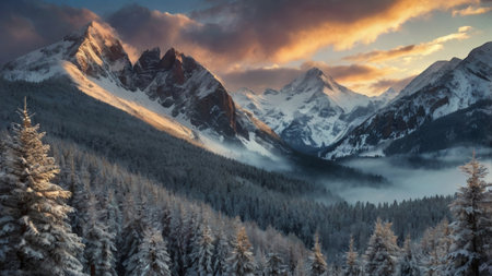 Panoramic view of the mountain range at sunrise.の写真素材