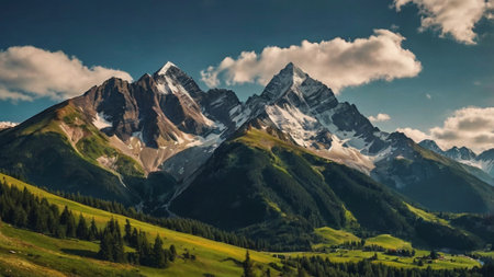Panoramic view of the mountains in the Swiss Alps. Switzerlandの写真素材