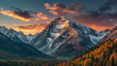 Mountain autumn landscape with colorful forest and snow covered peaks at sunsetの写真素材