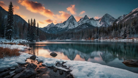 Beautiful winter landscape with frozen lake and snowy mountains at sunset.