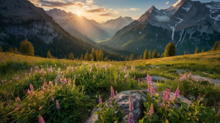Panoramic view of alpine meadow with flowers at sunsetの写真素材