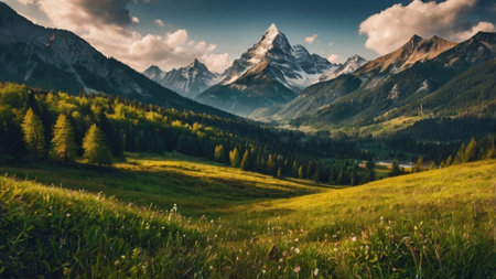 panoramic view of the mountains and meadows in the alpsの写真素材
