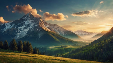 Mountain landscape at sunset. Panoramic view of the mountains.の写真素材