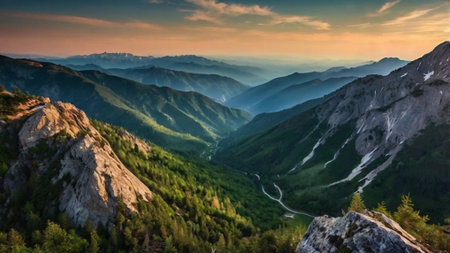 Beautiful sunset in the mountains. Panoramic view of the mountains.の写真素材