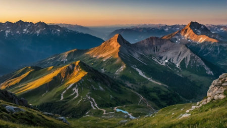 Panoramic view of Mont Blanc massif at sunset, Franceの写真素材