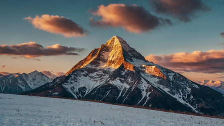 A majestic mountain peak at sunset in winter, showcasing a breathtaking landscapeの写真素材