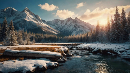 Panoramic view of mountain river and snow-capped peaks at sunsetの写真素材
