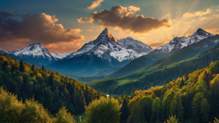 Sunset in the mountains. Panoramic viewの写真素材