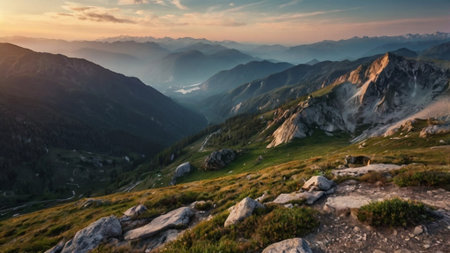 Panoramic view of the mountains at sunset. Beautiful summer landscape.の写真素材