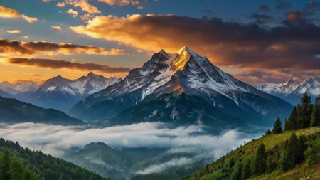 Mountain landscape at sunset. Panoramic view of the Mountains.の写真素材