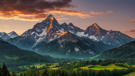 Mountain panorama at sunset.の写真素材