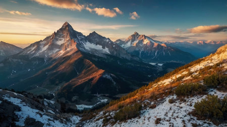 Matterhorn peak in Swiss Alps at sunrise. Panoramic view.