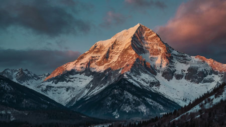 Mountain landscape with snow covered peaks at sunset. Dramatic sky.の写真素材