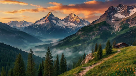 Panoramic view of the mountains in the fog at sunset.