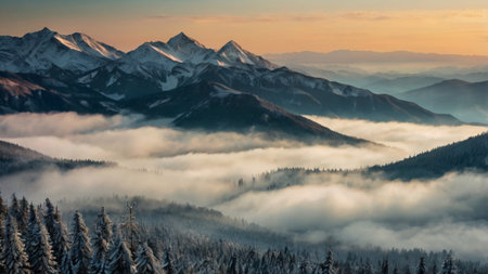 Beautiful winter landscape with fog in the mountains. Carpathians, Ukraineの写真素材
