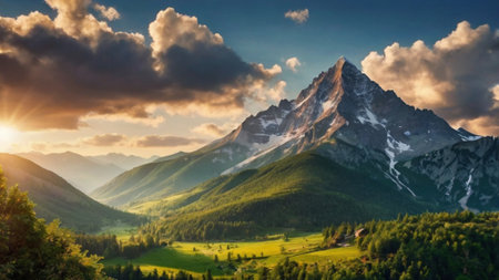 Mountain landscape at sunset. Beautiful alpine scenery with snow-capped peaks in the background.の写真素材