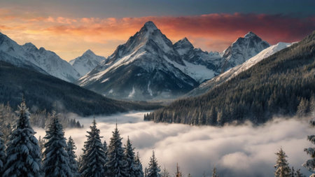 Panoramic view of the snowy mountains in the fog at sunset