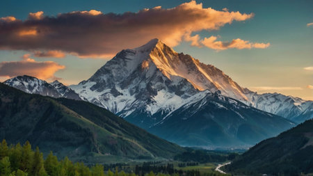 Mountain landscape at sunset. Snow-capped peaks
