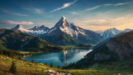 Panoramic view of a mountain in the morningの写真素材