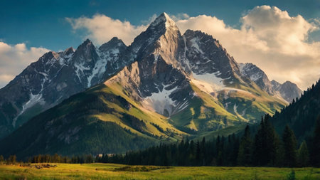 Mountain landscape with snow-capped peaks in the clouds.