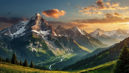 Panoramic view of Matterhorn at sunset, Zermatt, Switzerlandの写真素材